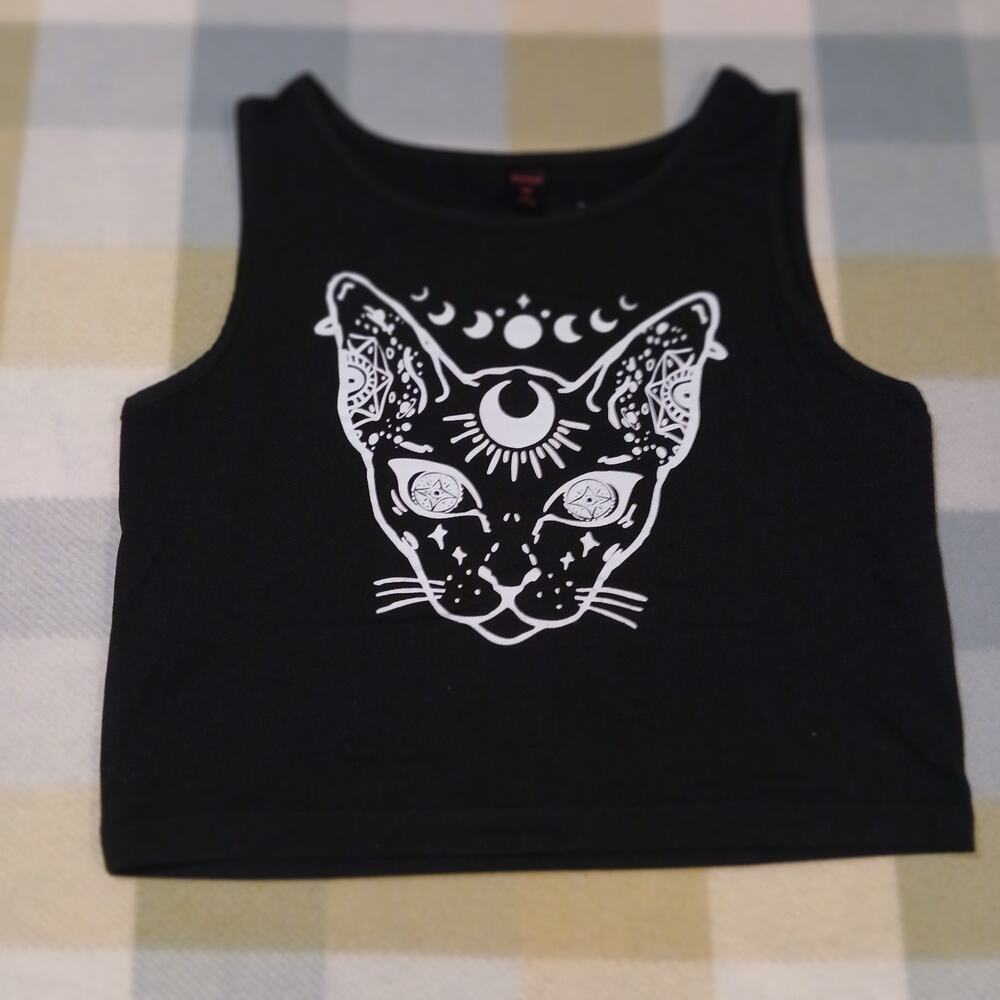 Romwe M Womens Crop Tank Top Goth Cat Print